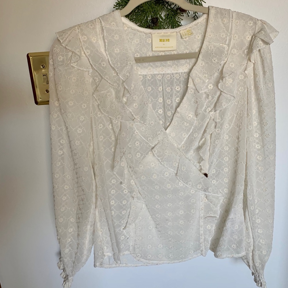 ANTHRO Maeve White Ruffle Lace Blouse